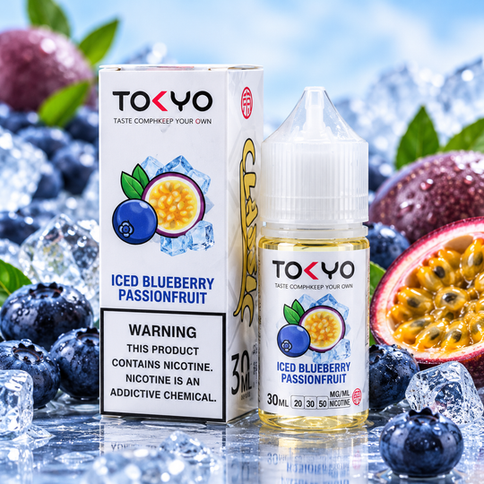 Tokyo Iced Blueberry Passionfruit E-Liquid 50mg 30ml bottle and box with blueberry, passionfruit, and ice background – Premium Vapes Shop.