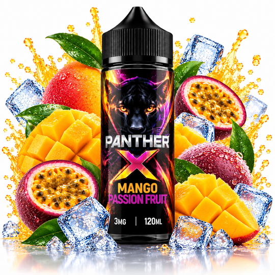 Dr. Vapes Panther X Mango Passion Fruit E-Liquid 3mg 120ml featuring a tropical blend of sweet mango and tangy passion fruit for Premium Vapes UAE.