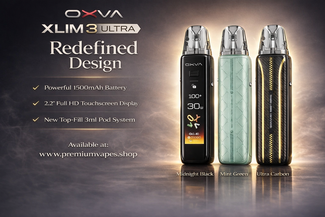 OXVA Xlim 3 Ultra vape devices with color options and specifications on a dark background