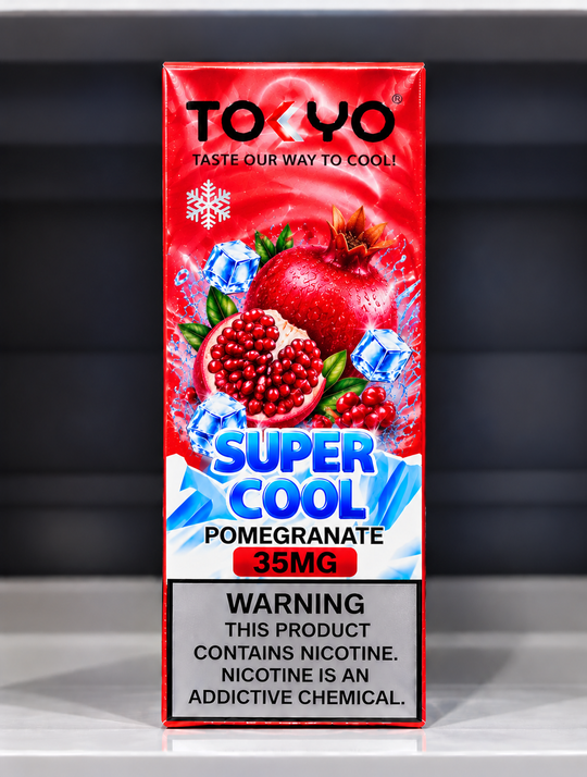 Tokyo Super Cool Pomegranate Salt Nic E-Liquid 35mg and 50mg – Sweet and tangy pomegranate flavour salt nicotine vape juice for Premium Vapes UAE.