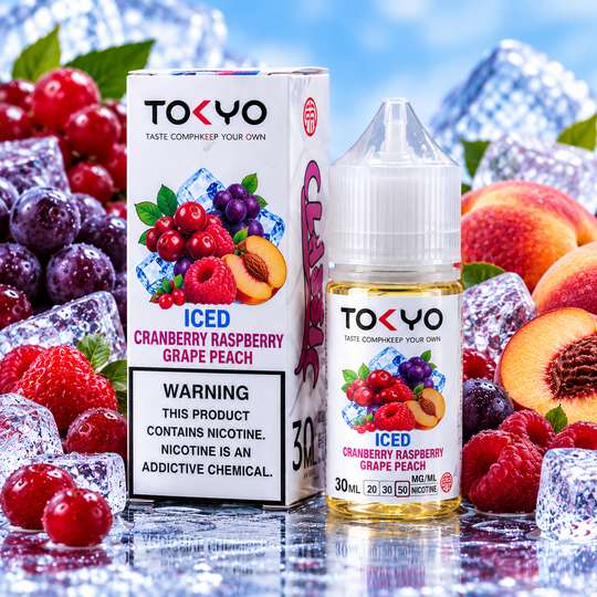 Tokyo Iced Cranberry Raspberry Grape Peach Salt Nic E-Liquid 50mg 30ml bottle and box with cranberries, raspberries, grapes, peaches, and ice – Premium Vapes Shop.