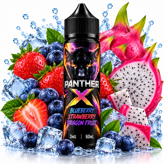 Dr. Vapes Panther X Blueberry Strawberry Dragon Fruit E-Liquid 3mg 60ml featuring a fruity blend of sweet blueberries, juicy strawberries, and exotic dragon fruit for Premium Vapes UAE.