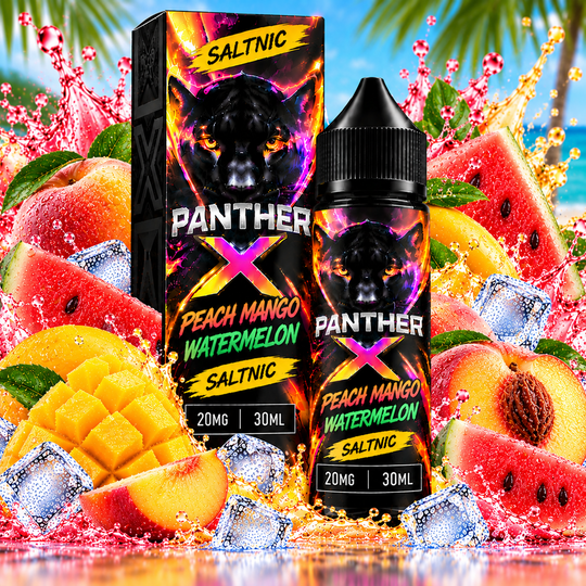 Panther X SaltNic Peach Mango Watermelon E-Liquid 20mg 30ml featuring a fruity blend of peach, sweet mango, and juicy watermelon with vibrant packaging for Premium Vapes UAE.