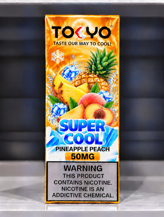 Tokyo Super Cool Pineapple Peach Salt Nic E-Liquid 50mg – Sweet tropical pineapple and juicy peach flavour salt nicotine vape juice for Premium Vapes UAE.