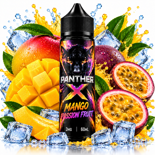 Dr. Vapes Panther X Mango Passion Fruit E-Liquid 3mg 60ml featuring a tropical blend of sweet mango and tangy passion fruit for Premium Vapes UAE.