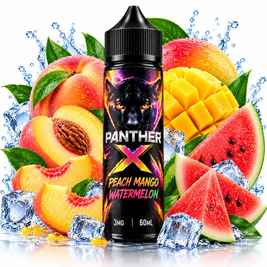 Dr. Vapes Panther X Peach Mango Watermelon E-Liquid 3mg 60ml featuring a fruity blend of sweet peach, tropical mango, and juicy watermelon for Premium Vapes UAE.