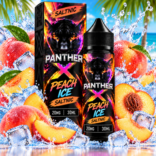 Panther X SaltNic Peach Ice E-Liquid 20mg 30ml featuring sweet peach flavour with a cool icy finish and vibrant packaging for Premium Vapes UAE.