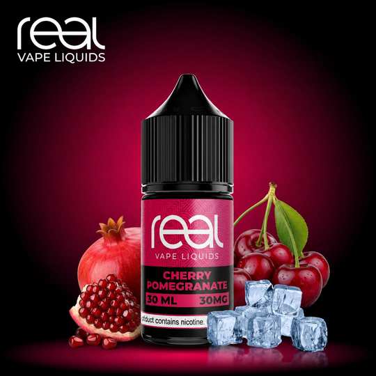 Real Vape Liquids Cherry Pomegranate Ice nicotine salt e-liquid 30ml 30mg bottle featuring a rich blend of sweet cherries, juicy pomegranate, and refreshing ice. Premium vape juice displayed with fresh fruit and ice cubes on a dark pink gradient background.