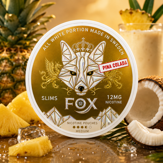 White Fox Pina Colada nicotine pouches featuring a pineapple and coconut flavour design, Premium Vapes Shop UAE .