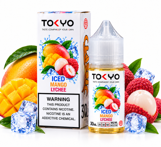 Tokyo Iced Mango Lychee Salt Nic E-Liquid 30ml bottle and box on a white background with mango, lychee, and ice – Premium Vapes Shop UAE.
